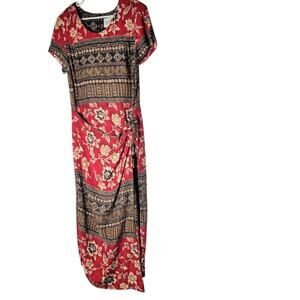 Vintage Boho Y2K Maxi Wrap Dress Floral Tribal Print SZ 16 Shoulder Pads Hippie